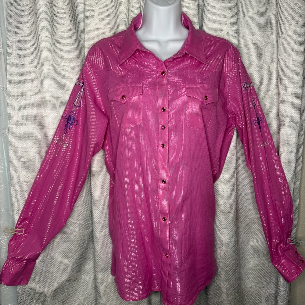 Sold❌❌❌Wrangler Womens XL Pink Metallic Western Shirt Rhinestone Cross Snap